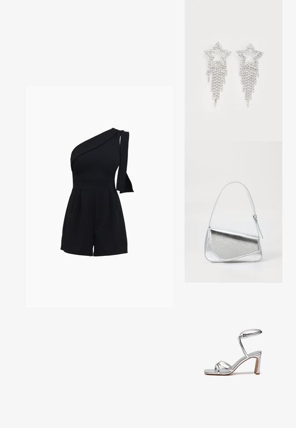 Zwart een-schouder romper met een aansluitend lijfje, geplooide shorts en een strikdetail op de schouder, gemaakt van een zachte, rekbare stof.; Zilveren hoge hakken sandalen met een vierkante teen, dunne enkelband en vampbanden. Gladde metallic afwerking met een blokhak van 7,5 cm.; Zilveren metalen handtas met een driehoekige vorm, gladde textuur en een dunne, verstelbare schouderriem. Kenmerkt zich door een omklapbaar ontwerp met stiksels.; Rhinestone ster oorbellen met waterval franje, in een zilverkleurige tint en een glanzend, reflecterend oppervlak. Stervorm met ingewikkeld ontwerp.