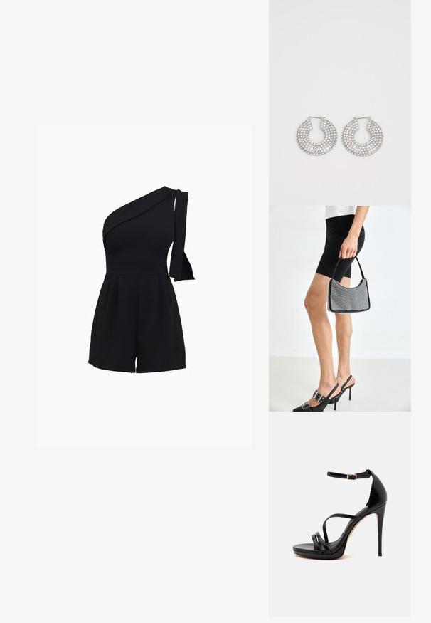 Schwarzer Ein-Schulter-Jumpsuit mit tailliertem Oberteil, plissierten Shorts und einer Schleifendetail an der Schulter, gefertigt aus einem weichen, dehnbaren Material.; Schwarze Sandale mit hohem Absatz, dünnen Riemchen, einem Knöchelriemen mit kleiner goldener Schnalle und Stiletto-Absatz auf weißem Hintergrund.; Schwarze Perlen-Handtasche mit geschwungener Silhouette, Tragegriff und glänzender Textur. Kombiniert mit schwarzen High Heels und enganliegenden schwarzen Shorts.; Silberne Creolen, verziert mit mehreren klaren Kristallverzierungselementen, mit einer strukturierten Oberfläche und einem offenen, kreisförmigen Design.