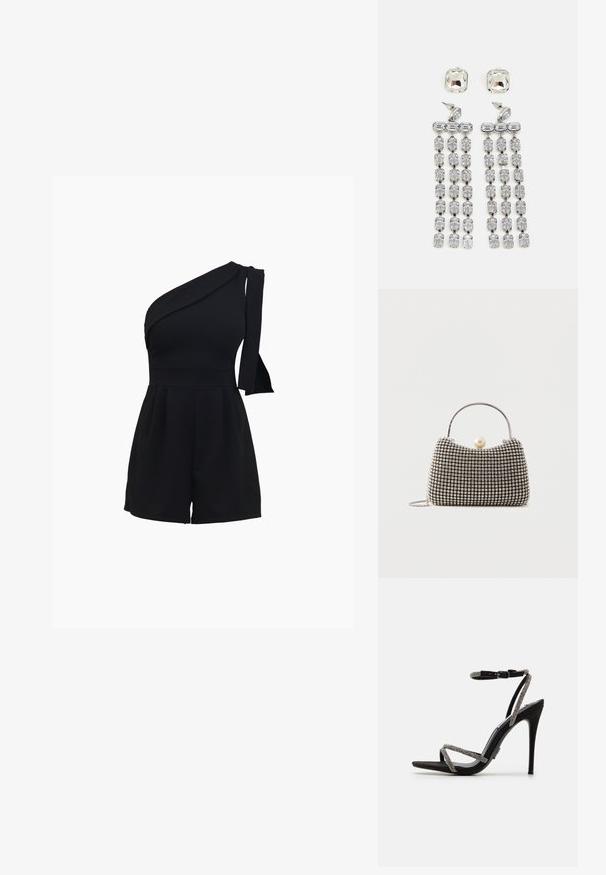 Zwart een-schouder romper met een aansluitend lijfje, geplooide shorts en een strikdetail op de schouder, gemaakt van een zachte, rekbare stof.; Zwarte hoge hak sandaal met dunne, met edelstenen versierde bandjes en een enkelgesp. Suède materiaal, open teen en een slanke, puntige silhouet.; Kleine handtas met zilverkleurig rasterpatroon, gebogen handvat, grote parel sluiting en een dunne zilveren kettingriem op een effen achtergrond.; Kruisdruppel oorbellen met hardware in zilvertint, gekenmerkt door een vierkante stud en watervallen van rechthoekige en octagonale kristallen.