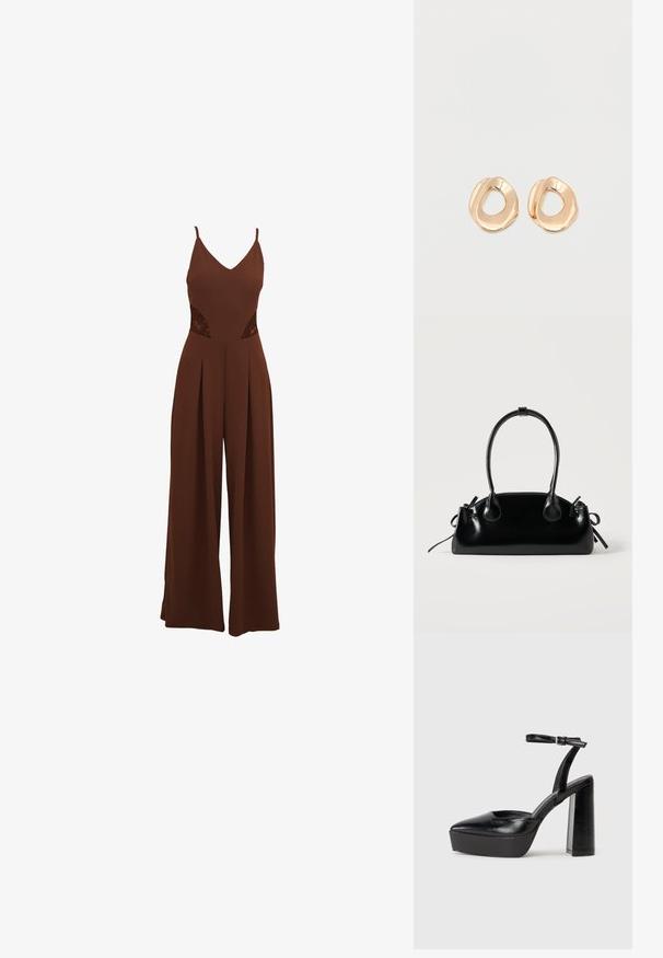 Bruine jumpsuit met een V-hals, dunne bandjes, uitgesneden kanten details aan de zijkanten en wijde broekspijpen met geplooid ontwerp.; Zwarte plateauhakken met een puntige neus en verstelbare enkelband. Gemaakt van soepel leer, met een robuuste blokhak.; Kleine zwarte glanzende handtas met twee lange hengsels en zijkant trekkoord details op een effen lichte achtergrond.; Set van onregelmatig gevormde, gepolijste hoepel oorbellen van goudkleurig metaal met een open midden op een effen witte achtergrond.