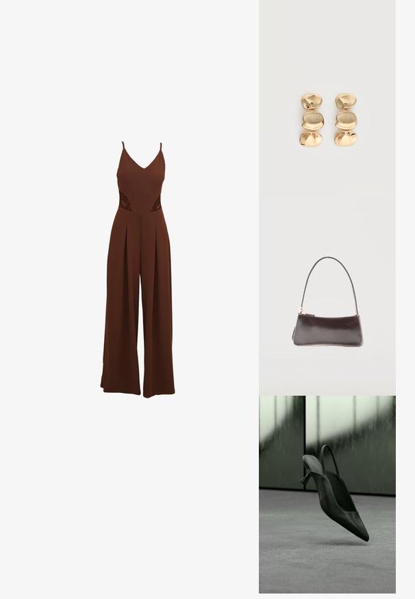 Brun jumpsuit med V-udskæring, tynde stropper, udskårne broderidetaljer på siderne og brede bukser med plisseret design.; Sort læder slingback højhælet sko med spids tå svævende over gråt tæppe, sløret grønlig væg i baggrunden.; Lille rektangulær mørkebrun lædertaske med en enkelt rem og guldlåselukning.; Øreringe i guldfarve med dråbeform og tre uregelmæssige, glatte, afrundede segmenter stablet lodret på en enkelt lys baggrund.