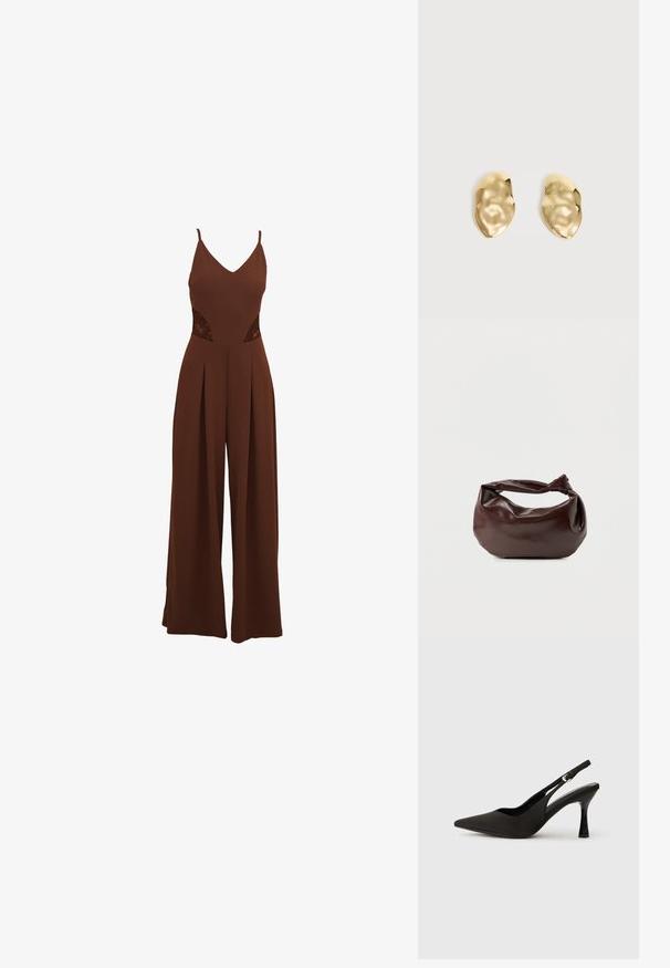 Brun jumpsuit med V-udskæring, tynde stropper, udskårne broderidetaljer på siderne og brede bukser med plisseret design.; Sorte slingback hæle med spids tå, glat mat finish og en slank, blank hæl. Justerbar rem med lille spænde detaljer.; Mørkebrun læder skuldertaske med en blød, afslappet form og et snoet knudehåndtag på en ensartet hvid baggrund.; Par skinnende, ujævnt formede øreringe af guldmetal med en krøllet, glat overflade på en ensartet lys baggrund.