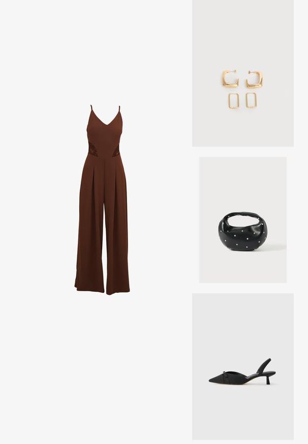 Mono marrón con escote en V, tirantes finos, detalles de encaje cortados en los laterales y pantalones de pierna ancha con diseño plisado.; Tacones negros tipo slingback con punta afilada, parte superior de tela, detalle de lazo en el empeine y un tacón bajo y cilíndrico.; Bolso de mano de cuero negro con forma redondeada, decorado con detalles de tachuelas plateadas y un asa corta. Textura lisa y cierre con cremallera.; Dos pares de pendientes de aro geométricos en tono dorado sobre una superficie blanca lisa, un par cuadrados y sólidos, un par rectangulares y huecos.