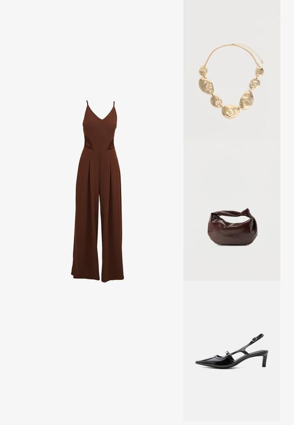 Bruine jumpsuit met een V-hals, dunne bandjes, uitgesneden kanten details aan de zijkanten en wijde broekspijpen met geplooid ontwerp.; Zwarte lakleren slingback schoen met een spits toelopende neus, lage hak en twee verstelbare gespen, zijaanzicht.; Donkerbruine leren schoudertas met een zachte, slungelige vorm en een gedraaide knoopvormige handgreep op een effen witte achtergrond.; Goudkleurige ketting met zes onregelmatige, hamerslag ovale en ronde metalen platen aan elkaar gekoppeld en verstelbare sluiting.