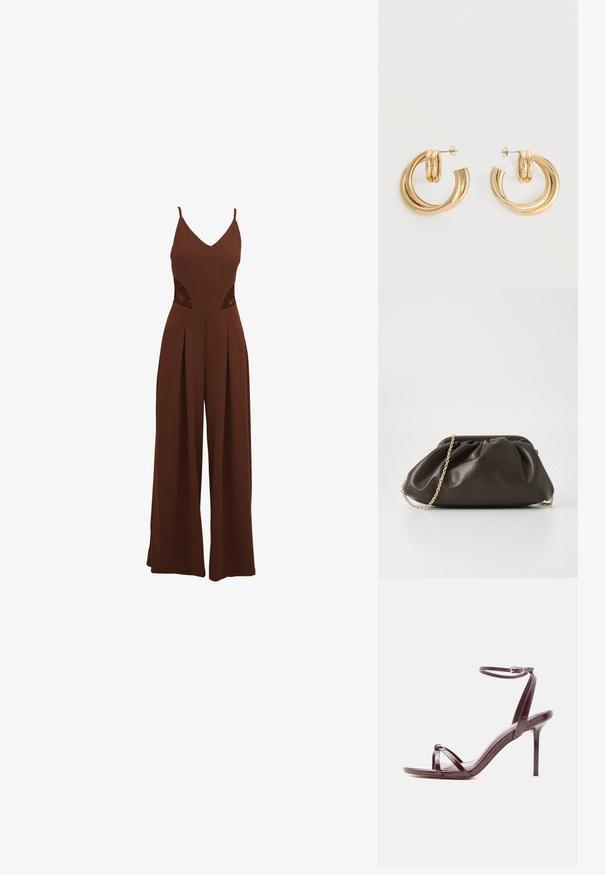 Combinaison brune avec un décolleté en V, des fines bretelles, des détails en dentelle découpée sur les côtés et un pantalon évasé avec un design plissé.; Sandale à talon haut en cuir verni bordeaux avec fine bride à la cheville et brides croisées sur les orteils sur fond blanc.; Sac à main en cuir marron avec un design froncé, une bandoulière en chaîne dorée et une finition douce et texturée. Sa forme compacte est idéale pour une utilisation en soirée.; Paire de boucles d'oreilles créoles doubles en or brillant avec attaches à tige sur fond blanc.
