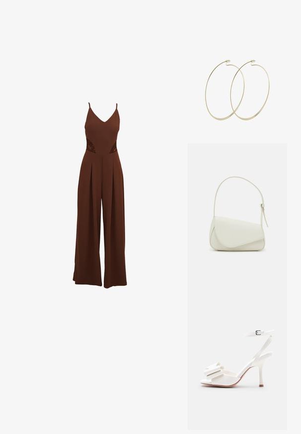 Brun jumpsuit med V-udskæring, tynde stropper, udskårne broderidetaljer på siderne og brede bukser med plisseret design.; Hvid sandal med høje hæle, ankelrem, åben tå og dekorativ sløjfe på den forreste rem mod en ensfarvet baggrund.; Hvid taske i faux læder med en struktureret trekantet form, enkelt justerbart skulderstrop og en flaplås med kurver.; Pilgrim Øreringe - gold-coloured
