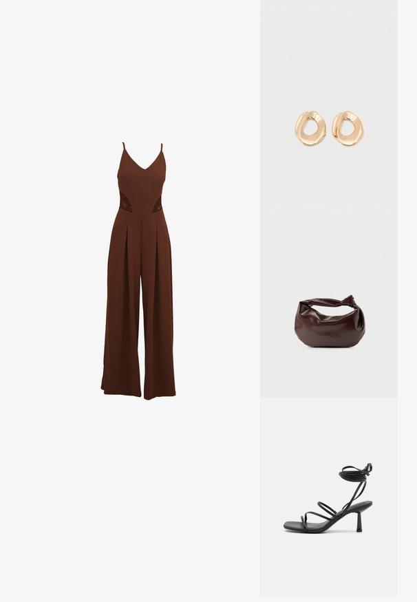 Brun jumpsuit med V-udskæring, tynde stropper, udskårne broderidetaljer på siderne og brede bukser med plisseret design.; Sort strappy sandal med firkantet tå, justerbare ankelbind og en slank, blokhæl. Fremstillet af et glat, holdbart materiale.; Mørkebrun læder skuldertaske med en blød, afslappet form og et snoet knudehåndtag på en ensartet hvid baggrund.; Par af uregelmæssigt formede, polerede øreringe i guldfarvet metal med åben midte på en ens hvid baggrund.