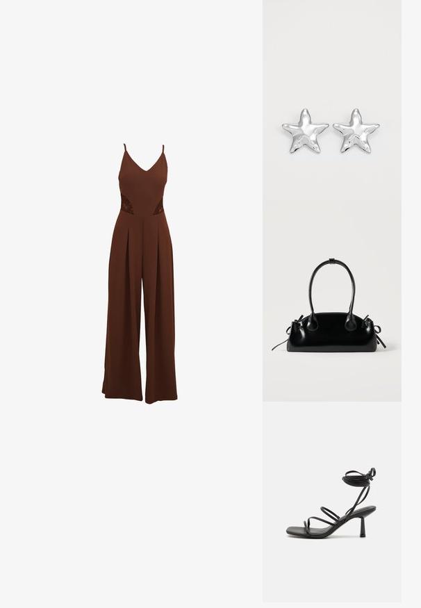 Brun jumpsuit med V-udskæring, tynde stropper, udskårne broderidetaljer på siderne og brede bukser med plisseret design.; Sort strappy sandal med firkantet tå, justerbare ankelbind og en slank, blokhæl. Fremstillet af et glat, holdbart materiale.; Lille sort blank håndtaske med to lange håndtag og snøre-detaljer i siden på en ensfarvet lys baggrund.; Sølvstjernede øreringe med en poleret, blank overflade. Hver ørering har fem spidser og subtile teksturdetaljer på overfladen.