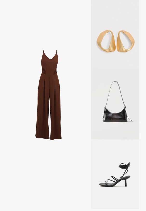 Combinaison brune avec un décolleté en V, des fines bretelles, des détails en dentelle découpée sur les côtés et un pantalon évasé avec un design plissé.; Sandale noire à lanières avec un bout carré, des liens de cheville réglables et un talon carré fin. Fabriquée en un matériau lisse et durable.; Sac à bandoulière noir à texture crocodile, fermeture éclair et longue lanière fine, présenté sur fond blanc.; Paire de boucles d’oreilles créoles en or irrégulières et asymétriques avec une finition lisse et mate sur un fond neutre.