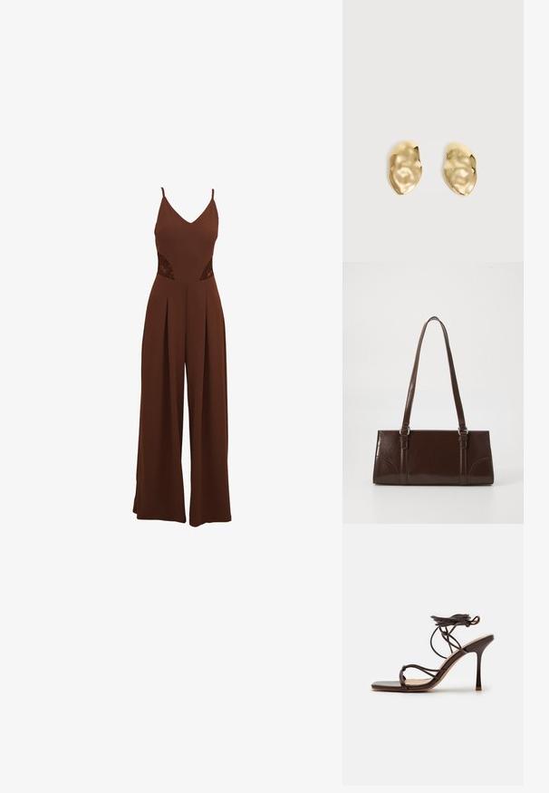 Brun jumpsuit med V-udskæring, tynde stropper, udskårne broderidetaljer på siderne og brede bukser med plisseret design.; Simmi London MACIA - Højhælede sandaletter / Højhælede sandaler - chocolate; Brun lakeret håndtaske med rektangulær form, to lange håndtag og subtile buede detaljer på fronten.; Par skinnende, ujævnt formede øreringe af guldmetal med en krøllet, glat overflade på en ensartet lys baggrund.