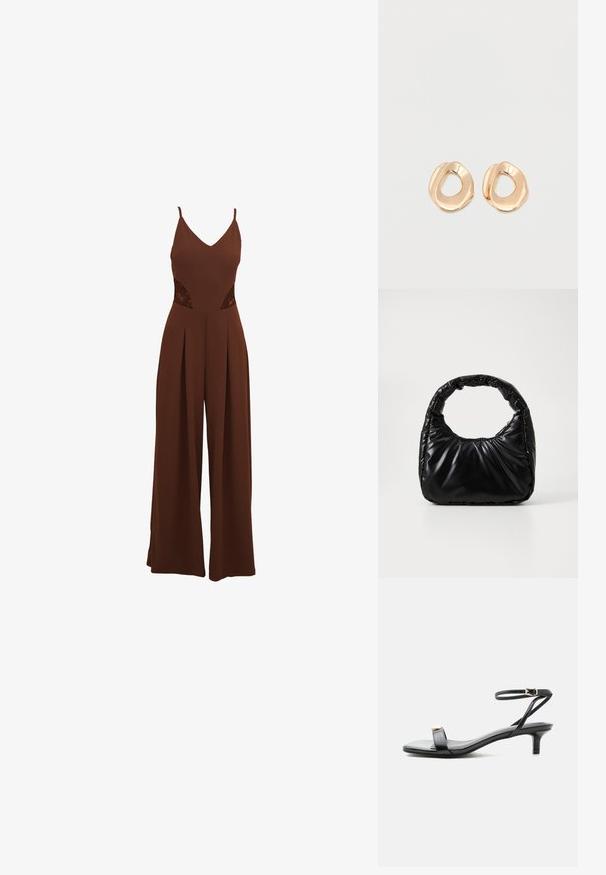 Bruine jumpsuit met een V-hals, dunne bandjes, uitgesneden kanten details aan de zijkanten en wijde broekspijpen met geplooid ontwerp.; Zwarte leren open teen sandaal met lage kittenhak, dunne enkelband met gouden gesp en decoratief gouden accent op de voorste band.; Zwarte gevoerde handtas met een ronde handgreep, met een gladde, glanzende oppervlakte en een zachte, gewatteerde textuur. Geen zichtbare metalen onderdelen of accenten.; Set van onregelmatig gevormde, gepolijste hoepel oorbellen van goudkleurig metaal met een open midden op een effen witte achtergrond.