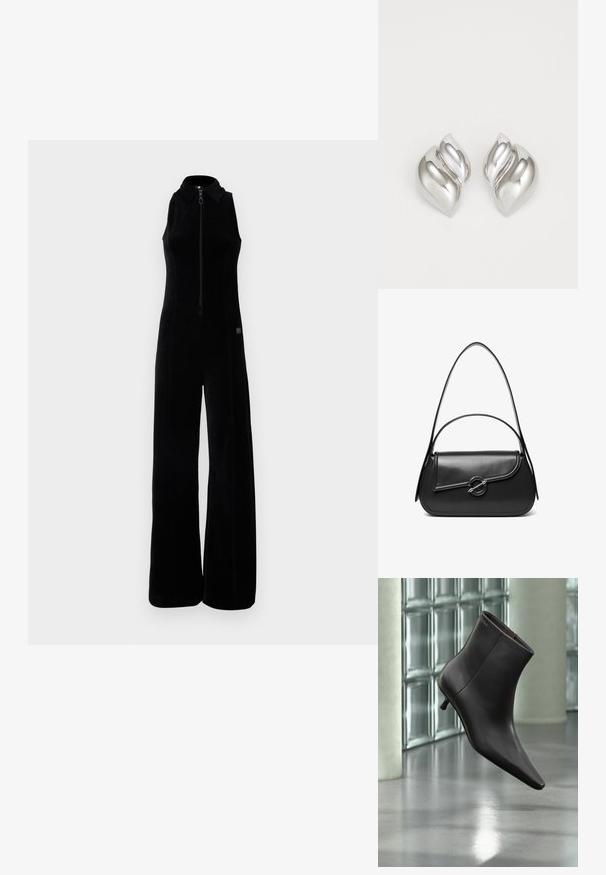 Mono negro con cremallera frontal, diseño sin mangas, cuello alto y piernas anchas. Tela suave y texturizada con sutiles detalles de costura.; Bota de cuero negro para el tobillo con puntera puntiaguda y tacón pequeño, exhibida frente a una pared de bloques de vidrio y un suelo pulido.; Bolso de hombro de cuero negro con una solapa curva asegurada por un broche metálico redondo y una correa delgada y ajustable.; Pendientes de plata con una forma orgánica y abstracta. Superficie lisa y brillante con un diseño cónico. Presentan suaves curvas y un detalle de línea central.