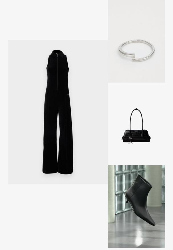 Mono negro con cremallera frontal, diseño sin mangas, cuello alto y piernas anchas. Tela suave y texturizada con sutiles detalles de costura.; Botín negro de cuero con punta puntiaguda y tacón bajo estilo kitten, mostrado en ángulo sobre un suelo pulido y con una pared de bloques de vidrio de fondo.; Bolso de hombro negro de cuero con textura de cocodrilo, con correas largas y un pequeño colgante de logo plateado en una correa.; Calvin Klein SPIRAL - Pulsera - silver-coloured