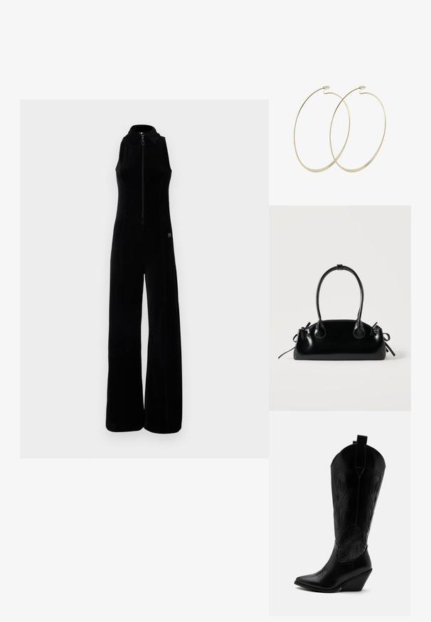 Mono negro con cremallera frontal, diseño sin mangas, cuello alto y piernas anchas. Tela suave y texturizada con sutiles detalles de costura.; Bota de vaquero de cuero negro con punta puntiaguda, tacón bloqueado inclinado, costuras decorativas y lengüetas en la parte superior sobre fondo blanco.; Pequeño bolso negro brillante con dos asas largas y detalles de cordón lateral sobre un fondo claro liso.; Pilgrim Pendientes - gold-coloured