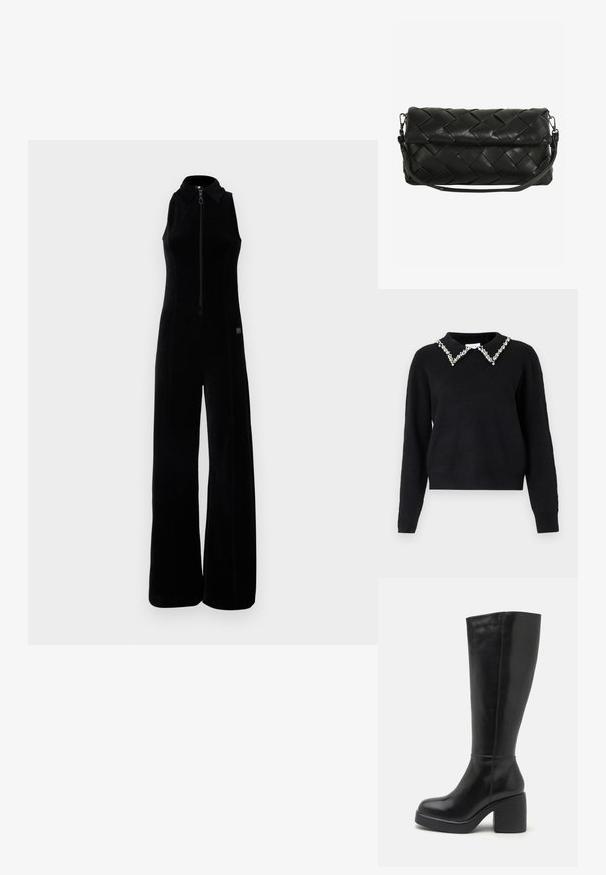 Mono negro con cremallera frontal, diseño sin mangas, cuello alto y piernas anchas. Tela suave y texturizada con sutiles detalles de costura.; VILA VIPEARL O NECK - Jersey de punto - black; Zign LEATHER - Botas de tacón - black; Bolso de mano de cuero negro tejido con forma redondeada, cierre de solapa y correa de hombro desmontable. Textura suave con patrones en relieve.