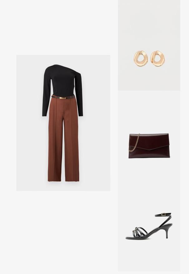 Haut asymétrique noir à manches longues associé à un pantalon marron taille haute à jambes larges et une ceinture noire à boucle dorée.; Sandale noire en cuir à brides, talon kitten, bout carré, deux boucles devant et bride de cheville avec fermeture à boucle dorée.; Sac à main en cuir de couleur bordeaux foncé avec un design en forme d'enveloppe. Il dispose d'une anse en chaîne dorée, d'une texture lisse et d'une fermeture en pointe.; Paired boucles d'oreilles en métal doré poli de forme irrégulière avec un centre ouvert sur un fond blanc uni.