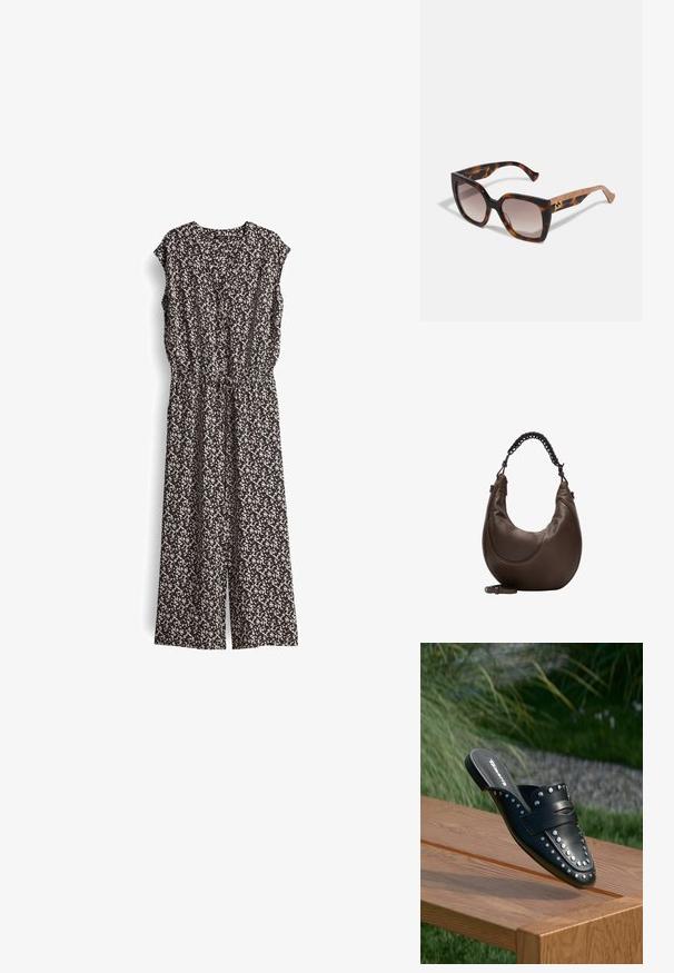 Schwarzer und cremefarbener gemusterter Jumpsuit mit kurzen Ärmeln, V-Ausschnitt und elastischem Bund. Der Stoff wirkt leicht und hat ein fließendes Design.; Schwarzer Leder-Einschubschuh mit Nietenakzenten und einem Riemen über dem Spann. Glatte Oberfläche mit einem spitzen Design.; Gucci Sonnenbrille - havana; Braune, crescentförmige Ledertasche für die Schulter mit einem geflochtenen schwarzen Griff und einem verstellbaren Riemen am unteren Ende.