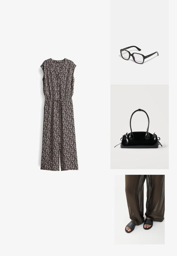 Schwarzer und cremefarbener gemusterter Jumpsuit mit kurzen Ärmeln, V-Ausschnitt und elastischem Bund. Der Stoff wirkt leicht und hat ein fließendes Design.; Füße in schwarzen Slide-Sandalen kombiniert mit lockeren, durchscheinenden braunen Hosen vor einem schlichten weißen Hintergrund.; Schwarze rechteckige Brille mit klaren Gläsern, abgerundeten Kanten und seitlichen Akzenten, mit glänzender Oberfläche des Rahmens und der Bügel.; Kleine schwarze glänzende Handtasche mit zwei langen Griffen und seitlichen Kordelzug-Details vor einfachem hellem Hintergrund.