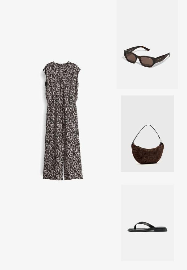 Zwart en crèmekleurig jumpsuit met patroon, korte mouwen, V-hals en elastische tailleband. Stof lijkt lichtgewicht met een vloeiende uitstraling.; Zwarte platte teenslipper met gestructureerde band en licht verhoogde hak, weergegeven in zijprofiel tegen een effen lichte achtergrond.; Tortoiseshell zonnebril met rechthoekige bruine lenzen. Glanzend plastic frame met gouden "vogue" branding aan de zijkant.; Bruine geweven handtas met een gebogen vorm en een zwarte enkele schouderriem tegen een effen lichtgrijze achtergrond.