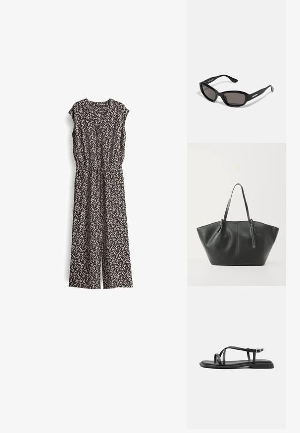 Zwart en crèmekleurig jumpsuit met patroon, korte mouwen, V-hals en elastische tailleband. Stof lijkt lichtgewicht met een vloeiende uitstraling.; Zwarte platte sandalen met dunne verstelbare bandjes, rechthoekige teenpost en een gestructureerde matte afwerking. Voorzien van een lage, licht vierkante hak.; Zwarte zonnebril met een rechthoekig frame, donkere lenzen, gladde plastic materiaal en een metalen accent op de poot.; Vero Moda VMDITTA - Shopper - black
