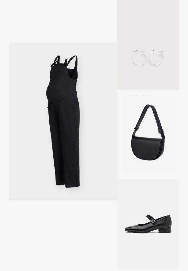 Salopette de maternité noire avec bretelles ajustables et taille à cordon de serrage, conçue pour le confort et la flexibilité.; Chaussures Mary Jane en cuir noir avec un embout en vernis, une sangle cheville réglable et un petit talon carré. Texture lisse et design élégant.; Sac bandoulière demi-lune en cuir noir avec sangle réglable et détails de boucle argentés sur fond uni clair.; Boucles d'oreilles en argent avec une finition polie, présentant une forme ronde simple et une fermeture à tige pour un port sécurisé.