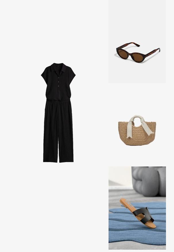 Zwart getextureerd tweedelig outfit met een kortemouwen coltop met knopen en wijde broek, gemaakt van lichte stof.; Zwarte platte slide-sandaal met een gespleten bandontwerp, geplaatst op een tan kleurige zool. Gemaakt van gestructureerd rubbermateriaal, weergegeven op een blauwe tapijtvloer.; Bruine schildpad zonnebril met een vintage cat-eye vorm en bruine lenzen. Heeft gebogen armen met rode accenten.; Lichtbruine gevlochten strohandtas met ronde handvaten, omwikkeld met lichtbeige stof en vastgebonden met losse strikken.