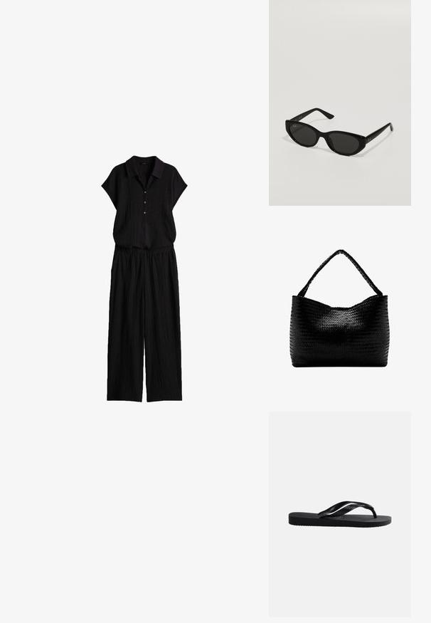 Ensemble noir texturé deux pièces avec haut à manches courtes boutonné à col et pantalon à jambes larges, fabriqué dans un tissu léger.; Tongs en caoutchouc noir avec semelle texturée et bride en Y lisse sur un fond clair uni.; Lunettes de soleil noires avec une forme étroite et en œil de chat. Fabriquées en plastique lisse, elles présentent des verres foncés et de subtils accents de logo sur les branches.; Sac à main tissé noir avec une anse unique tressée, forme rectangulaire et surface texturée brillante.