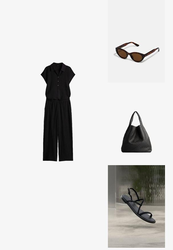 Schwarzes, strukturiertes zweiteiliges Outfit mit kurzärmeligem, kragenbelegtem Hemd und weit geschnittenen Hosen aus leichtem Stoff.; Schwarze minimalistische flache Sandale mit dünnen Riemen und Schnalle, die über einem Betonboden und einem strukturierten Glas-Hintergrund schwebt.; Braune Schildpatt-Sonnenbrille mit einer Vintage-Cat-Eye-Form und braunen Gläsern. Verfügt über gebogene Bügel mit roten Akzenten.; Schwarze gewebte Tragetasche mit zwei Griffen. Weiche Textur, lässiges Design und eine große, runde Form. Keine sichtbaren Beschläge oder Akzente.