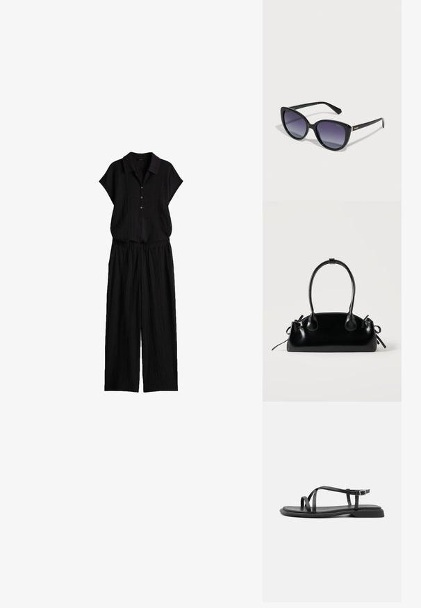 Ensemble noir texturé deux pièces avec haut à manches courtes boutonné à col et pantalon à jambes larges, fabriqué dans un tissu léger.; Sandales plates noires avec de fines brides réglables, un entre-doigt rectangulaire et une finition mate texturée. Elles présentent un talon bas légèrement carré.; Des lunettes de soleil noires avec une forme surdimensionnée en œil de chat, des verres gris dégradés et une finition brillante. Présente des accents en métal doré sur les branches.; Petit sac à main noir brillant avec deux longues anses et des détails à cordon sur les côtés sur un fond clair uni.