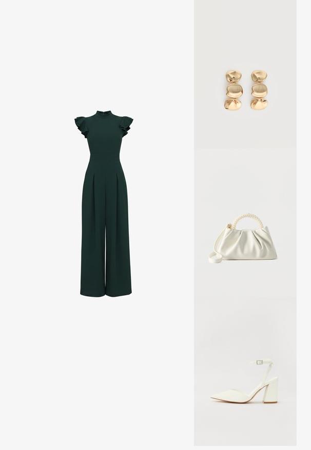 Combinaison pantalon vert foncé à jambes larges avec col montant et manches courtes à volants, taille cintrée et pantalon plissé devant.; Sandale blanche à talon avec un bout pointu, sangle de cheville réglable et un talon carré épais. Texture lisse avec des détails de couture minimaux.; Petit sac à main blanc avec un corps froncé, une poignée ronde ornée de perles et une bandoulière amovible sur un fond uni.; Boucles d’oreilles pendantes ton or avec trois segments irréguliers, lisses et arrondis empilés verticalement sur un fond clair uni.
