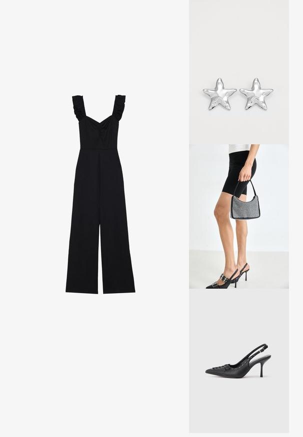 Zwarte jumpsuit met brede benen, ruches op de schouderbanden en een gathered detail bij de bust. Gemaakt van een zachte stof met een gladde textuur.; Zwarte leren slingback stiletto met spitse neus, zijgesp met gesp, studs langs de rand en decoratieve veters aan de voorkant.; Zwarte beaded handtas met een gebogen silhouet, draaghandvat en glanzende textuur. Draagt bij hoge zwarte hakken en strakke zwarte shorts.; Zilveren stervormige oorbellen met een gepolijste, glanzende afwerking. Elke oorbel heeft vijf punten en subtiele textuurdetails op het oppervlak.