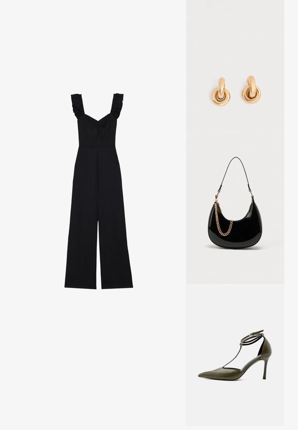 Sort jumpsuit med brede ben, flæser på stropperne og sammensamling ved brystet. Lavet af blødt stof med en glat overflade.; Olivengrøn spids pumps med ankelrem og T-rem design, blank finish, slank stilet hæl, på hvid baggrund.; Sort håndtaske i laklæder med en buet form, tynd skulderrem og en guldkæde som dekorativ detalje foran. Glat tekstur, minimalistisk design.; Par skinnende gyldne hoop-øreringe med tykke cirkulære led på en ensfarvet lys grå baggrund.