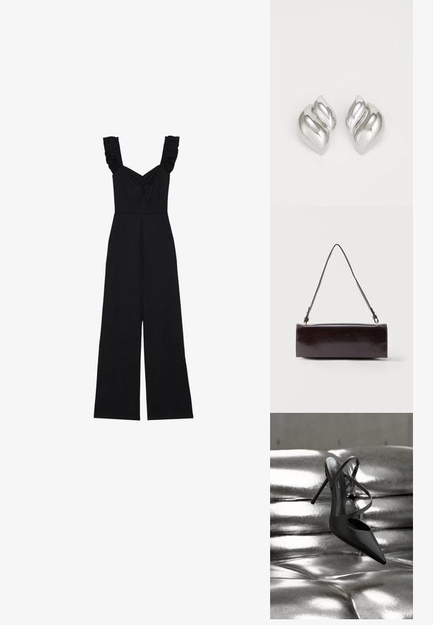 Must värviline jumpsuit laia jalaga, rufflestrapsid ja volangdetailid rinnaosas. Valmistatud pehmest kangast, millel on sile tekstuur.; Mustad terava varbaga tikk-kontsaga king, millel on risti ristatud rihmad, toodud läikival hõbedasel tuftnahal.; Ristkülikukujuline must nahast käekott ühe pika rihmaga ja läikiva viimistlusega, asetatud valgele taustale.; Hõbedased kõrvarõngad orgaanilise ja abstraktse kujuga. Siledad, läikivad pinnad ja kitsenev disain. Omavad peeneid kõverusi ja keskset joondetaili.