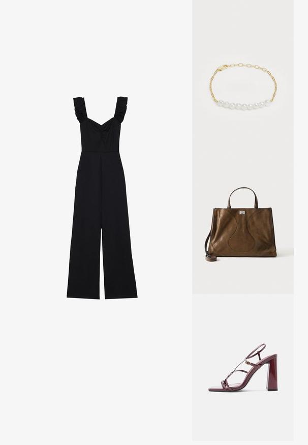 Sort jumpsuit med brede ben, flæser på stropperne og sammensamling ved brystet. Lavet af blødt stof med en glat overflade.; Bourgognefarvet sandal med høje hæle med firkantet tå, slanke remme og en blank finish. Har en solid blokhæl og guldfarvet hardware-detalje.; Brun læder tote taske med buede syningsdetaljer, enkelt top-håndtag, aftagelig skulderrem og lille rektangulær metal logo plade.; Gul kædearmbånd med hvide perler, med et delikat linksdesign og en lås til sikker lukning. Perlerne har en regelmæssig form.