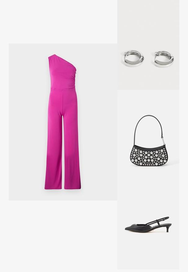 Fuchsia one-shoulder jumpsuit met een aansluitende top en wijde broekspijpen. Gladde stof met lichte plooien bij de schouder voor textuur.; Zwarte slingback schoenen met een puntige neus, gemaakt van glad materiaal, met een kleine hak en een decoratieve zilverkleurige accent op de wreef.; Zwarte leren handtas met een gebogen vorm, voorzien van zilveren studs in verschillende maten en een korte schouderband. "HUGO" logo gedrukt aan de voorkant.; Een paar kleine, glimmende zilveren oorringen met gladde afgeronde oppervlakken op een effen witte achtergrond.