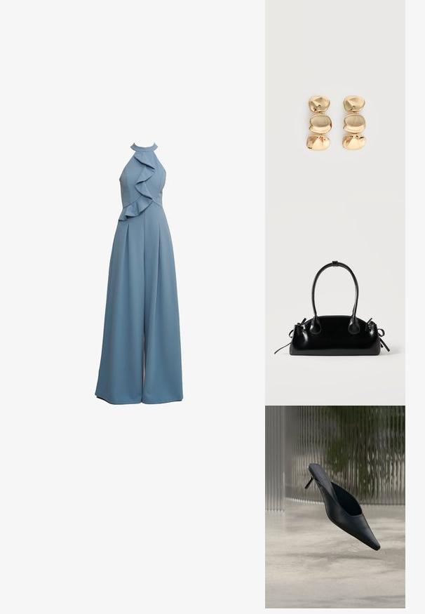 Combinaison bleu clair avec col en halter, détails volants sur le devant, coupe ample et tissu texturé.; Mule noire à bout pointu avec un talon fin et haut flottant au-dessus d'un sol en béton lisse, avec un arrière-plan flou à rayures verticales.; Petit sac à main noir brillant avec deux longues anses et des détails à cordon sur les côtés sur un fond clair uni.; Boucles d’oreilles pendantes ton or avec trois segments irréguliers, lisses et arrondis empilés verticalement sur un fond clair uni.