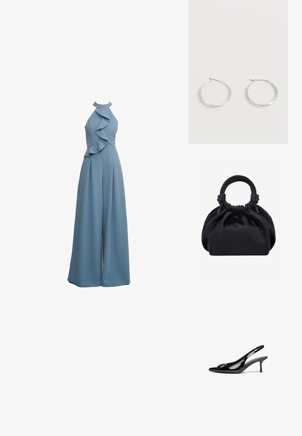 Hele sinine jumpsuit, millel on kaela tagant kinnituv rihm, volangid esiosas, laiad sääred ja tekstureeritud kangas.; Must ja musta läikiva lakknahast slingback-kontsaga kingad, millel on terav nina ja läikiv viimistlus. Omab saledat kontsa ja ümarat aktsenti jalanõu ülaosas.; Mustast pehmest kangast käekott kroogitud ülaosaga ja ümarate polsterdatud käepidemetega, mis on kummalgi küljel sõlmedega seotud.; Hõbedased metallist rõngakujulised kõrvarõngad, millel on sile, kergelt kaarduv pind ja lukustuvad tagused kinnitused, valgel taustal.