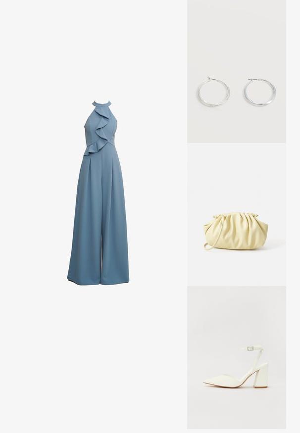 Combinaison bleu clair avec col en halter, détails volants sur le devant, coupe ample et tissu texturé.; Sandale blanche à talon avec un bout pointu, sangle de cheville réglable et un talon carré épais. Texture lisse avec des détails de couture minimaux.; Sac à main plissé jaune en simili cuir lisse, arborant une forme douce avec une bandoulière unique et un design froncé sur le dessus.; Boucles d’oreilles créoles en métal argenté avec une surface lisse légèrement incurvée et des fermoirs à clapet sur un fond blanc uni.