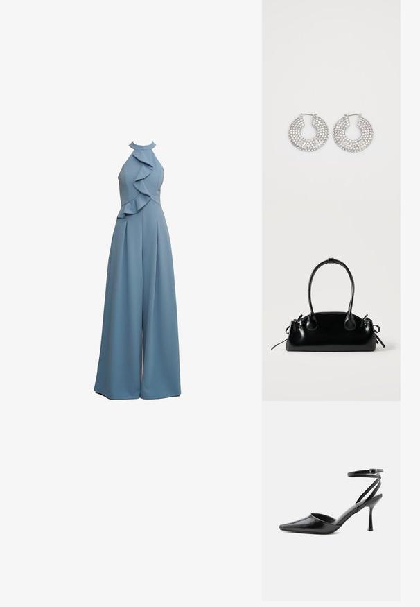 Combinaison bleu clair avec col en halter, détails volants sur le devant, coupe ample et tissu texturé.; Escarpin noir à bout pointu avec fines brides de cheville et fermeture à boucle argentée sur fond clair uni.; Petit sac à main noir brillant avec deux longues anses et des détails à cordon sur les côtés sur un fond clair uni.; Boucles d'oreilles en argent en forme de créoles ornées de multiples embellissements en cristal transparent, présentant une surface texturée et un design circulaire ouvert.
