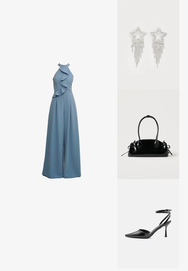 Combinaison bleu clair avec col en halter, détails volants sur le devant, coupe ample et tissu texturé.; Escarpin noir à bout pointu avec fines brides de cheville et fermeture à boucle argentée sur fond clair uni.; Petit sac à main noir brillant avec deux longues anses et des détails à cordon sur les côtés sur un fond clair uni.; Boucles d'oreilles en strass en forme d'étoile avec des détails de franges en cascade, présentant une teinte argentée et une surface brillante et réfléchissante. Forme d'étoile avec un design complexe.