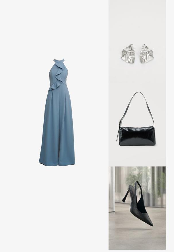 Combinaison bleu clair avec col en halter, détails volants sur le devant, coupe ample et tissu texturé.; Chaussure à talon aiguille en cuir noir avec bride arrière et bout pointu, flottant au-dessus d'un sol en béton lisse et d'un panneau métallique vertical en arrière-plan.; Sac d'épaule rectangulaire noir avec une sangle réglable unique et une fermeture éclair supérieure sur un fond uni.; Boucles d'oreilles en métal argenté avec un design ondulé et sculptural, présentant une finition polie et des formes irrégulières, mettant en valeur une esthétique contemporaine.