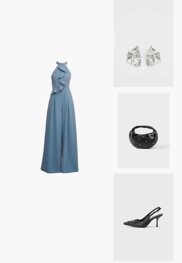 Himmelblauer Jumpsuit mit Halterneck, Rüschendetails an der Vorderseite, weitem Bein-Design und strukturiertem Stoff.; Schwarzer Leder-Slingback-Stiletto mit spitzem Zehenaufsatz, seitlichem Schnallenriemen, Nieten entlang der Kante und dekorativer Schnürung vorne.; Schwarze Lederhandtasche mit abgerundeter Form, verziert mit silbernen Nietenakzenten und kurzem Griff. Glatte Struktur und Reißverschlussverschluss.; Silberne Metallohrringe mit einem wellenförmigen, skulpturalen Design, das eine polierte Oberfläche und unregelmäßige Formen aufweist, die eine zeitgenössische Ästhetik betonen.