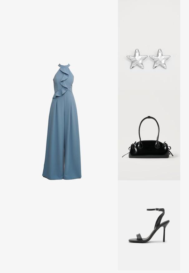 Himmelblauer Jumpsuit mit Halterneck, Rüschendetails an der Vorderseite, weitem Bein-Design und strukturiertem Stoff.; Schwarze High-Heels-Sandalen mit schlankem Knöchelriemen und zwei vorderen Riemen. Aus glattem Leder gefertigt, mit einer eleganten spitzen Zehenform und einem Stiletto-Absatz.; Kleine schwarze glänzende Handtasche mit zwei langen Griffen und seitlichen Kordelzug-Details vor einfachem hellem Hintergrund.; Silberne sternförmige Ohrringe mit einer polierten, glänzenden Oberfläche. Jeder Ohrring hat fünf Spitzen und dezente Oberflächentexturdetails.