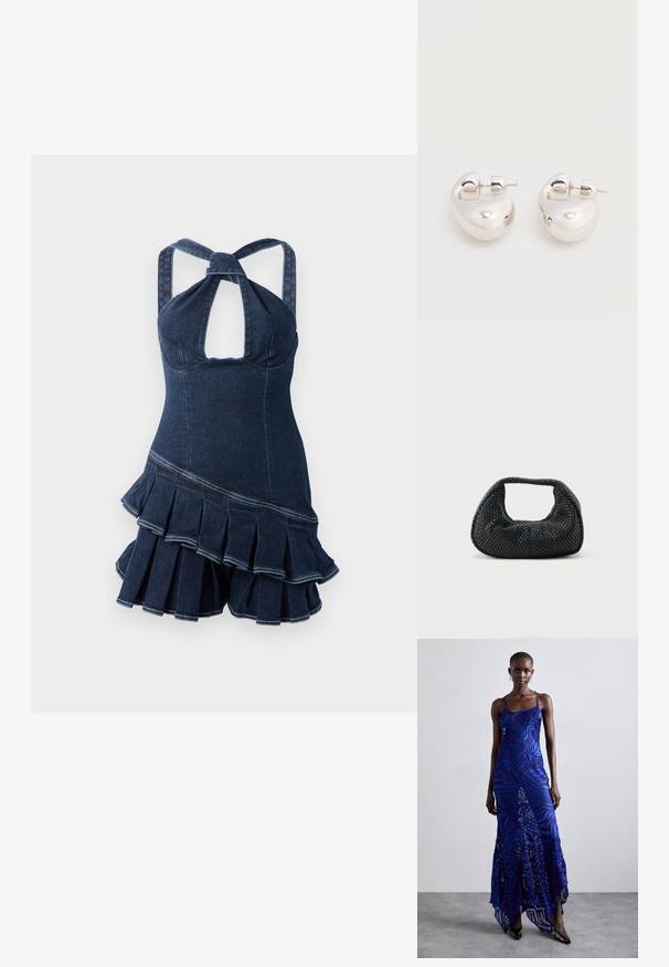 Denim halterneck-kjole med nøglehulslinning, tætsiddende skæring og flared, voluminøse kanter. Mørkeblåt stof med synlige syninger.; Blå og lilla dyreprint maxi kjole med tynde stropper, en tætsiddende bodice, flagrende kant og gennemsigtig overlay-detaljering.; Sort flettet hobo-taske med blød struktur og integreret håndtag, vist på en ensfarvet lys baggrund.; Par af skinnende sølv store øreringe med lukning på bagsiden mod en ensfarvet hvid baggrund.