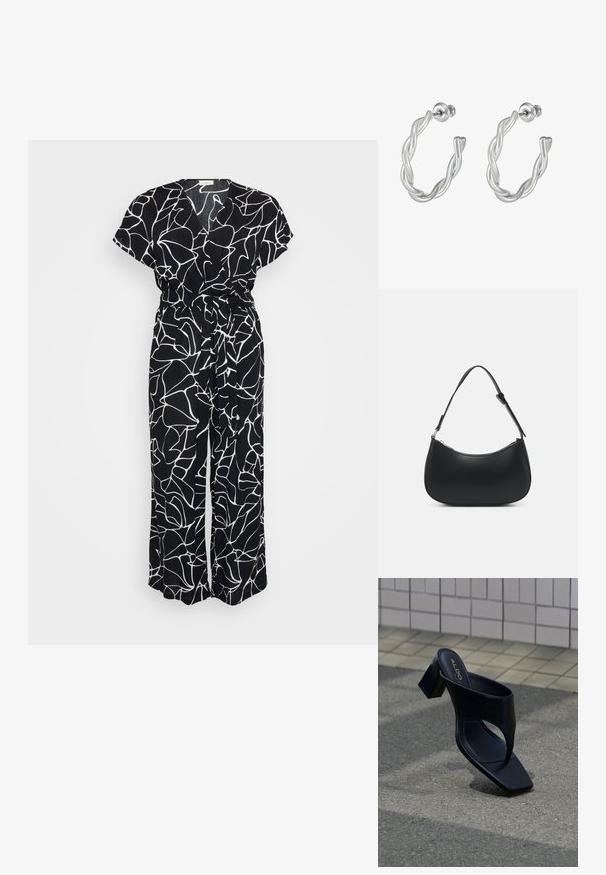 Sort jumpsuit med et hvidt abstrakt linjemønster, korte ærmer, V-hals og bånd i taljen. Stoffet har et blødt, tekstureret udseende.; Sort hælsandal med firkantet tå og bred rem, placeret på grå asfalt nær flisebelagt væg.; Pieces PCALUANA SHOULDER BAG - Håndtasker - black; Snoede sølv hoop øreringe med en glat finish og post-back lukning, der viser et moderne, sammenflettet design.