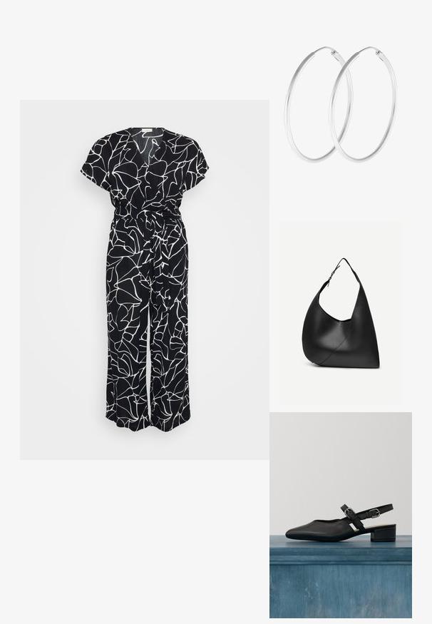 Sort jumpsuit med et hvidt abstrakt linjemønster, korte ærmer, V-hals og bånd i taljen. Stoffet har et blødt, tekstureret udseende.; Sort læderslingback-sko med spids tå, lav blokhæl og to justerbare stropper med sølvspænder. Glat tekstur.; Sort læder skuldertaske med buet trekantet form, enkelt justerbart rem og synlig diagonal søm foran.; Sølvfarvede hoop øreringe med en glat, rund form og en poleret overflade. Begge øreringe er i samme størrelse og har en sikker lukke mekanisme.