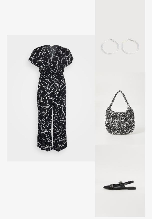 Sort jumpsuit med et hvidt abstrakt linjemønster, korte ærmer, V-hals og bånd i taljen. Stoffet har et blødt, tekstureret udseende.; Even&Odd by Zalando Slingback-ballerinasko - black; Vævet håndtaske i sort og hvid med en rund form, tekstureret overflade og et fletet håndtag. Velegnet til afslappet brug.; Par skinnende sølvøreringe med tynde trådlåse, vist på en lys grå baggrund.