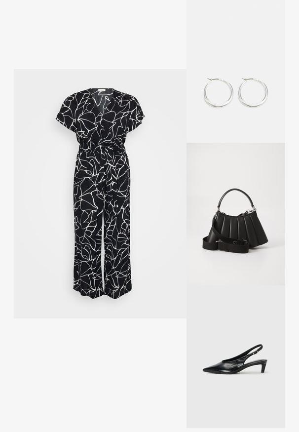 Sort jumpsuit med et hvidt abstrakt linjemønster, korte ærmer, V-hals og bånd i taljen. Stoffet har et blødt, tekstureret udseende.; Sort læder slingback hæl med spidse tæer, lav kitten hæl og justerbar spænde-bånd. Glat tekstur med minimal dekor.; Sort plisseret handbag med et rundet håndtag, justerbar rem og blank overflade. Har sølvfarvet hardware og en struktureret silhuet.; Sølv hoops øreringe har et glat, afrundet design med en slank profil og sikker spænde. Minimalistisk stil med en poleret finish.