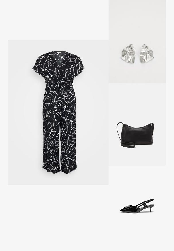 Sort jumpsuit med et hvidt abstrakt linjemønster, korte ærmer, V-hals og bånd i taljen. Stoffet har et blødt, tekstureret udseende.; Sorte patenterede læderslingbacks med spids tå, en sløjfedetalje foran og en lille stilettohæle. Remmene har justerbare spænder.; Sort læder skuldertaske med en glat tekstur, buet form, justerbar rem og lynlås. Minimalistisk design uden udsmykninger.; Sølvmetal øreringe med et bølgende, skulpturelt design, der har en poleret overflade og uregelmæssige former, hvilket fremhæver en moderne æstetik.