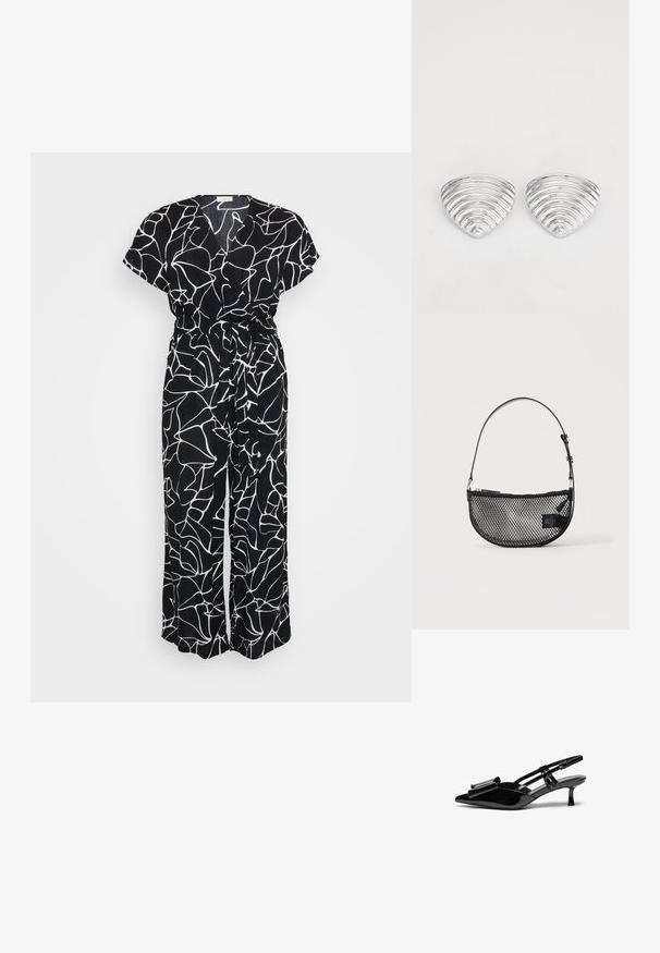 Sort jumpsuit med et hvidt abstrakt linjemønster, korte ærmer, V-hals og bånd i taljen. Stoffet har et blødt, tekstureret udseende.; Sorte patenterede læderslingbacks med spids tå, en sløjfedetalje foran og en lille stilettohæle. Remmene har justerbare spænder.; Sort mesh halvmåne håndtaske med en kort justerbar læderrem og lynlåslukning på en ensartet lys baggrund.; Sølvfarvede øreringe med et bølget, tekstureret design, formet som overlappende halvmåner; den polerede overflade fremhæver de reflekterende egenskaber.